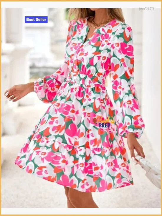 Floral Mini Dress Long Sleeve Elastic Waist Wedding Guest Vacation Outfit - Picture 2 of 7